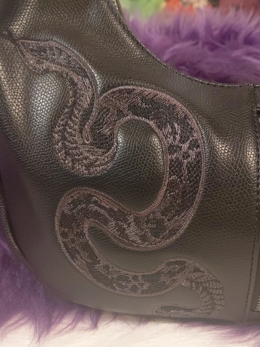 KILLSTAR Black Hobo Bag with Embroidered Snake Motif